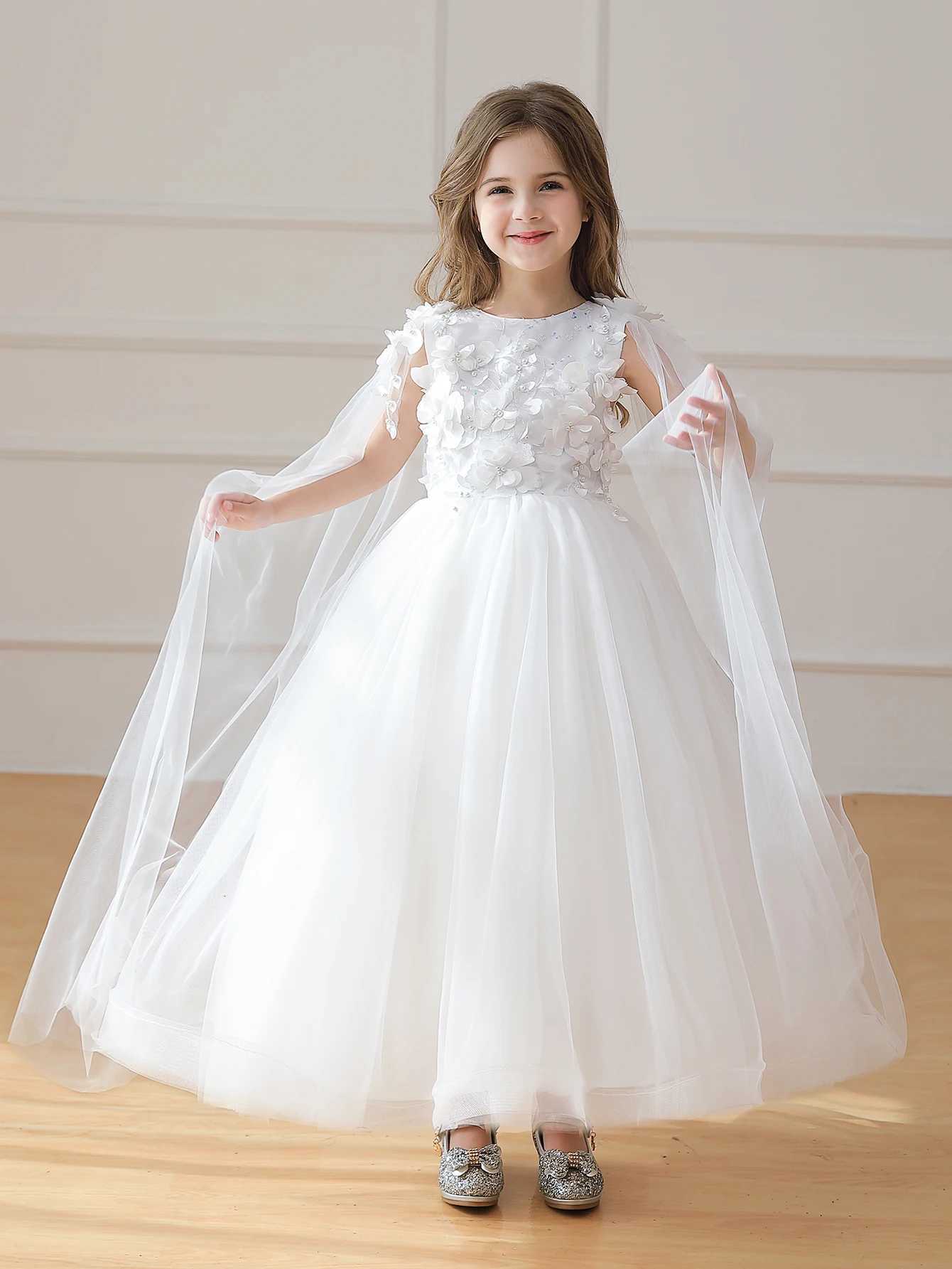 Long White Dress for Girls Draped Design Wedding Flower Girl Dress Suitable for Birthday Parties Girl Costume Z250904