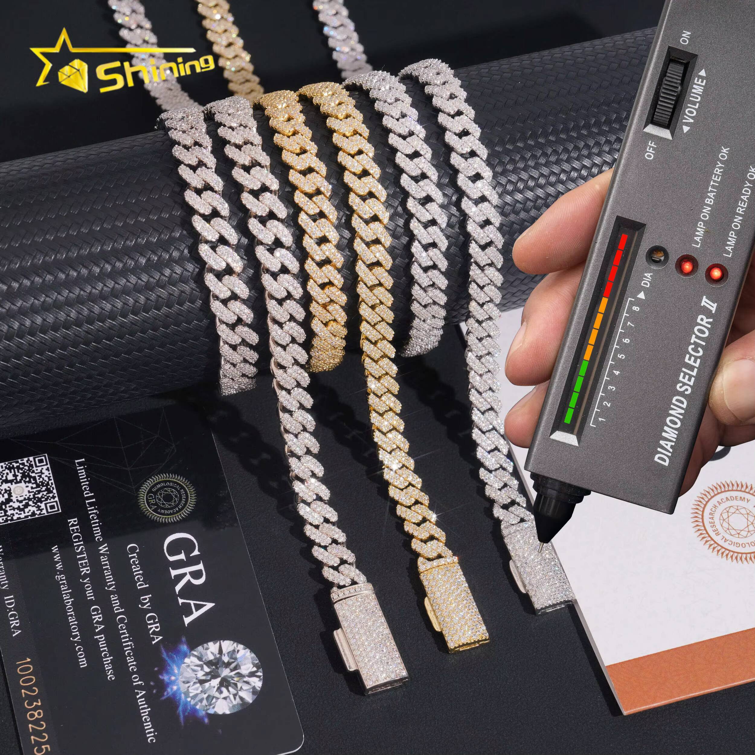 Hip Hop Fine Jewelry Factory Direct Sell 8MM Iced Out 925 Sterling Silver White Gold Plated Moissanite Cuban Link Chain Men