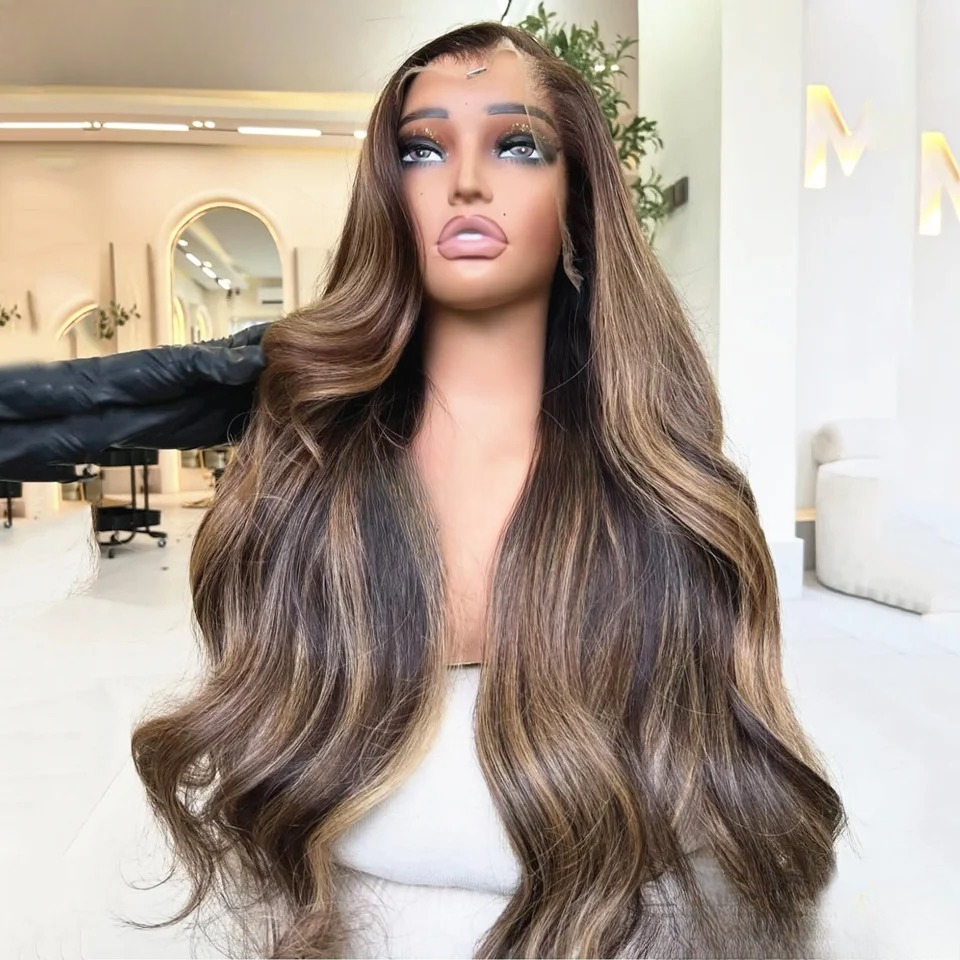 Natural Wavy Highlight Brown Blonde Human Hair Brazilian Body Wave Wig Glueless Human Hair Wear and Go Pre Plucked Bleached Lace 360 Human Hair Wig
