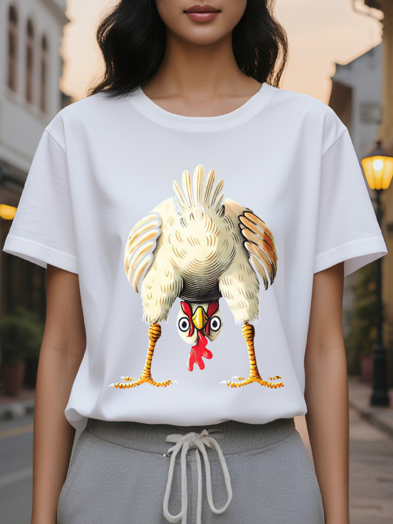 Women's Interesting Chicken Pattern Short Sleeve T-Shirt Black Round Neck Casual Jacket Cartoon Washable
