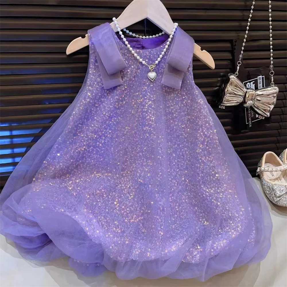 Girls Casual Dresses New Children Clothing Summer New Princess Flower Bud Sequin Mesh Yarn 2024 Sequin Sweet Round Collar Z250904