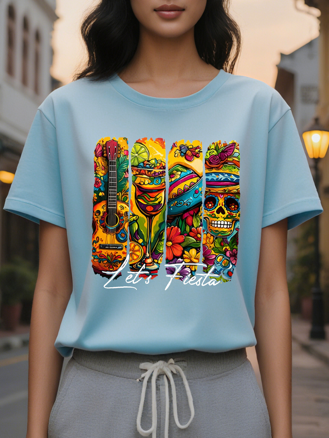 LETS FIESTA Distinctive Fashion Printed Round Neck Short Sleeve T-shirt Spring and Summer High End Slimming Women's