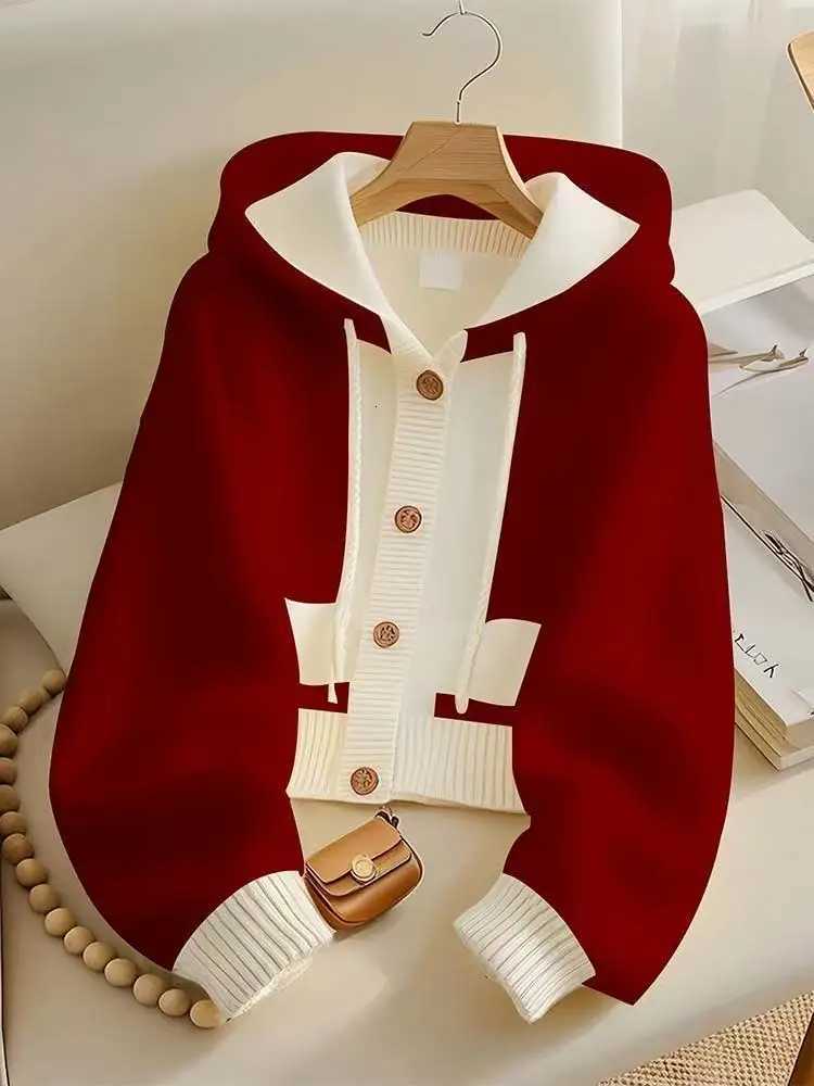 Korean Pink Patchwork Hooded Sweater Women Soft Wool Cashmere Cardigan Sweet Button Knitted Jacket Autumn Winter M250904