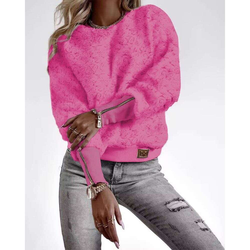 Women's Clothing Ready Made Fashionable New Textured Zipper Ribbed Splicing Casual Tops