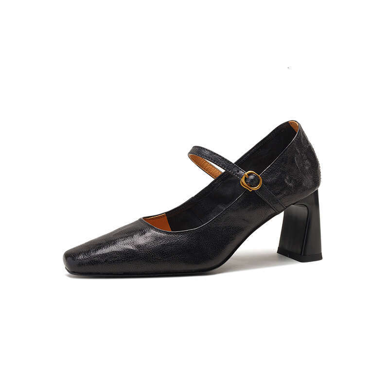 Soft Sheepskin Black High Heels French Style Chunky Designer Shoe Heel One Strap Mary Jane Women's Single Shoes