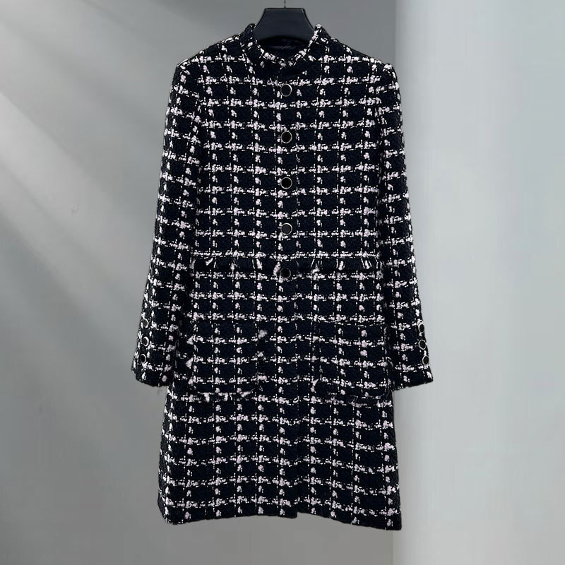 Luxury Retro Oversized Ladies Woven Check Long Coat Dress, Stand Collar Button Down Wool Blend Jacket, Fringe Detail Elegant S0909
