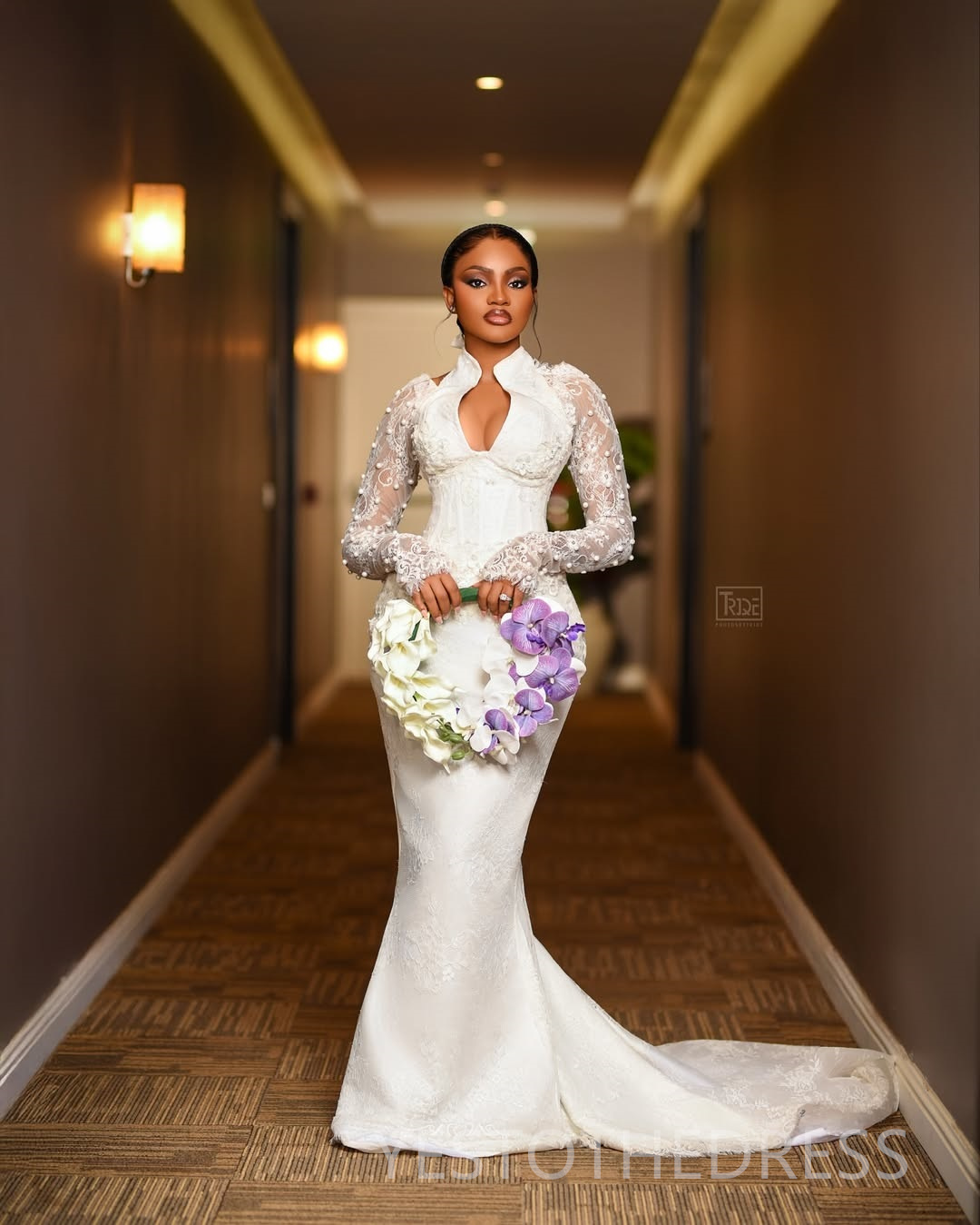 2025 Aso Ebi African Wedding Dress Bridal Gowns For Bride Mermaid Wedding Gowns High Neck Long Sleeves Pearls Beaded Lace Rhinestones Bridal Dress D63