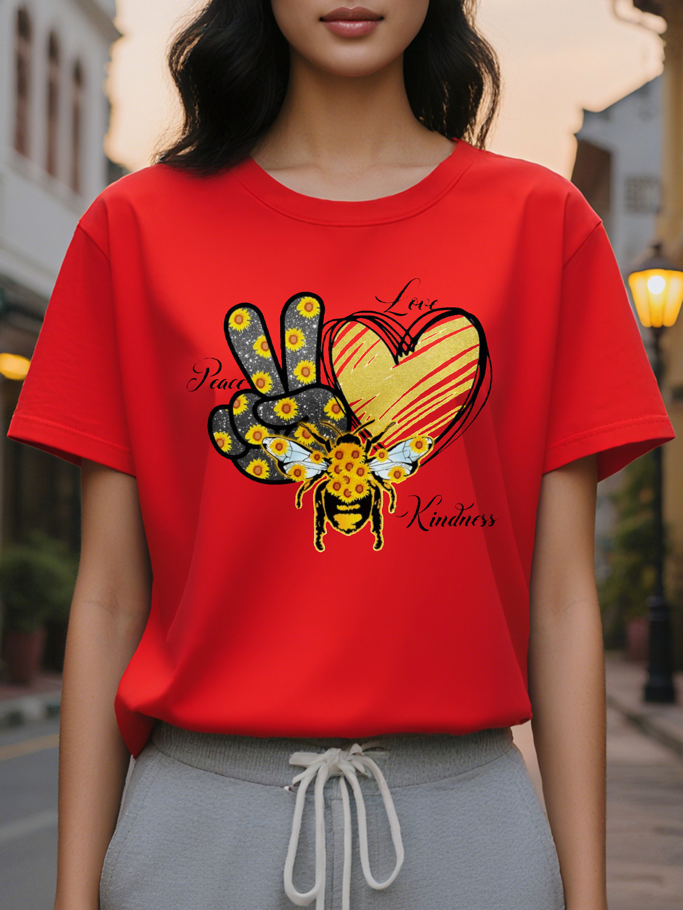 Women's T-shirt White Peace Heart Shaped Pattern Goodwill Text Printing Autumn Soft Daily Casual Jacket Washable