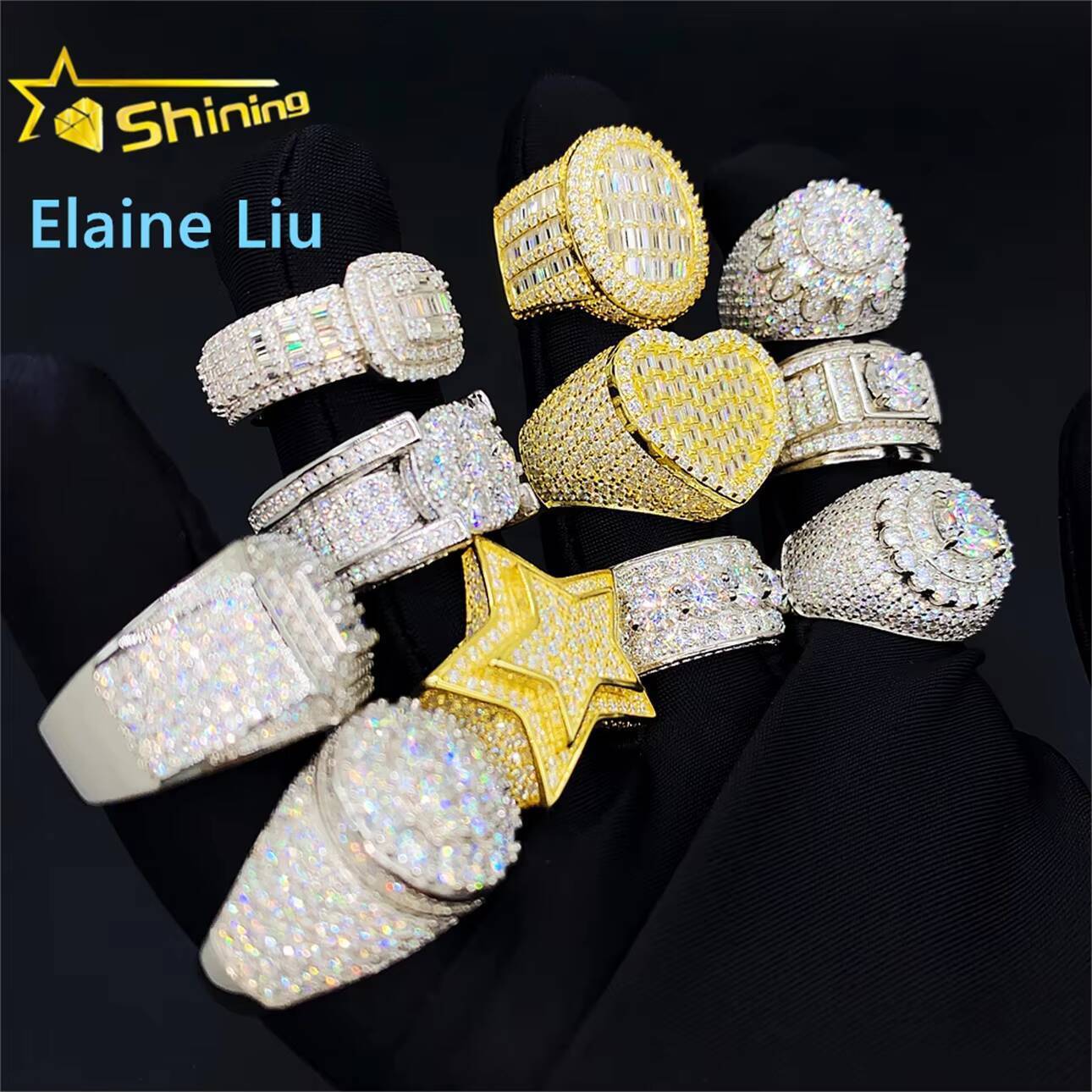 Fine Jewelry 925 Sterling Silver Ice Out Men Rings Heart Shape VVS Moissanite Diamond Hip Hop Ring