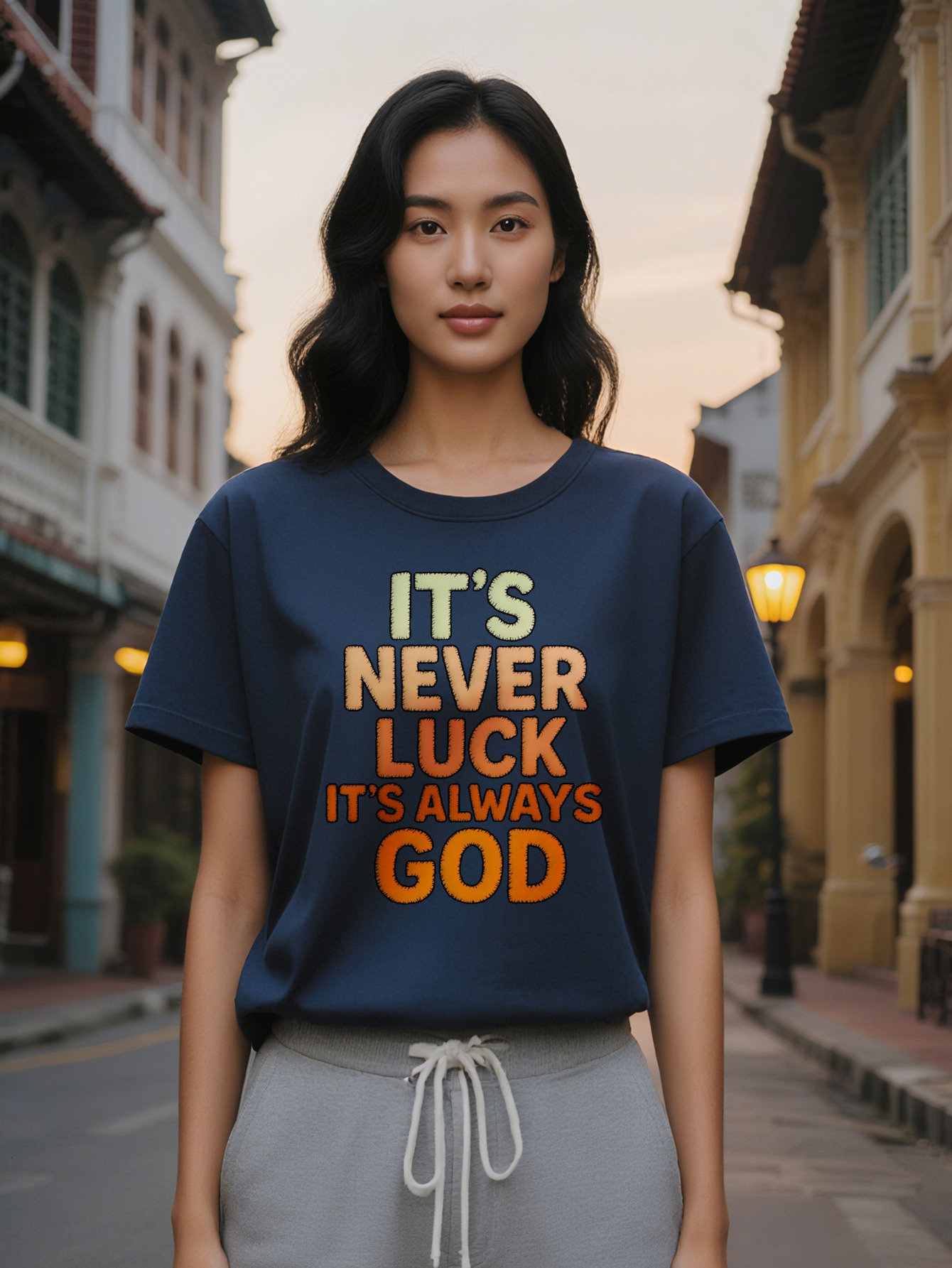 Large XL Women's Casual T-Shirt with Inspirational Never Luck It's Always God Print Black Orange Light Green Lettering Soft Plus Size