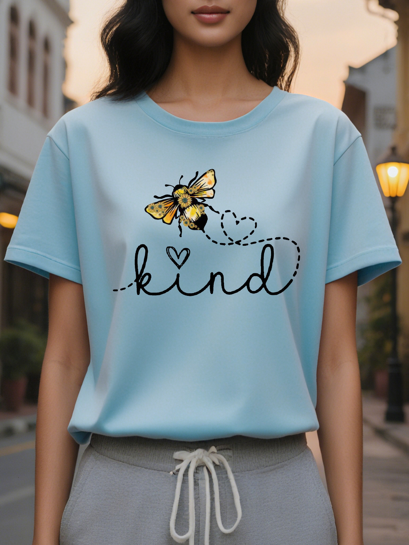 White Be Kind T-shirt Elegant Casual Daily Round Neck Shirt in Bee Pattern Style Positive Energy Women's
