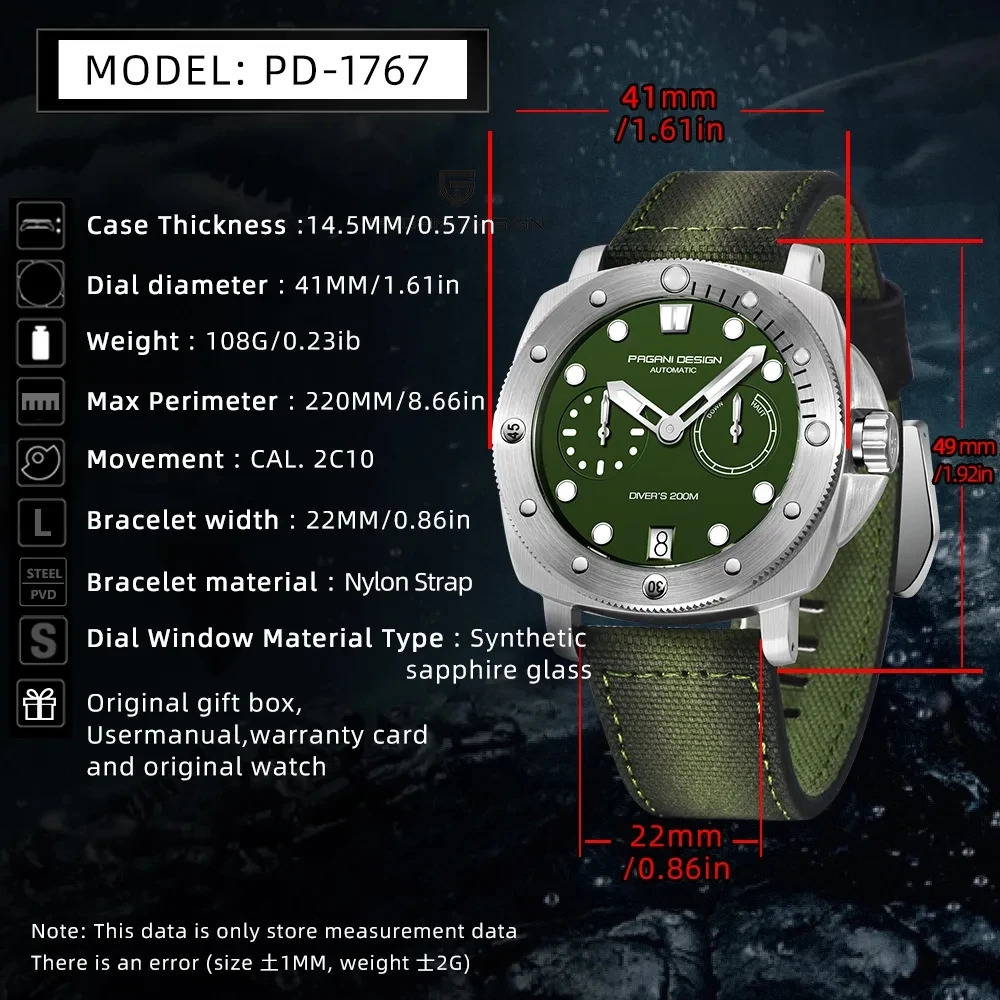 PAGANI Men Mechanical Watch Sapphire Glass Automatic Watch 200M Waterproof Stainless Steel Watch for Men 250903