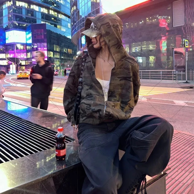 Y2K Harajuku Retro Camouflage Zipper Hoodie Hiphop Punk Trend Streetwear Jacket Women Fashion Casual Loose Sweatshirt 250904