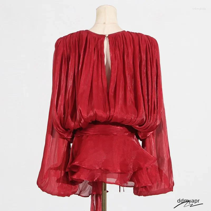 Casual Dresses Chic Ruffle Hem Mini Dress O Neck Lace Up Loose Ddmyday Blouse Lantern Sleeve Solid Chiffon Vestidos 2025 Lady Spring Gown Ddmyday Ddmy