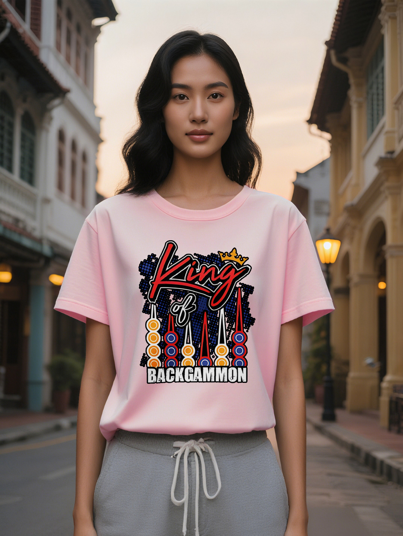 Large XL Casual King of BACKGAMMON Print T-Shirt Black Crew Neck Tee with Crown Swords Design Gaming Themed Apparel Perfect Plus Size
