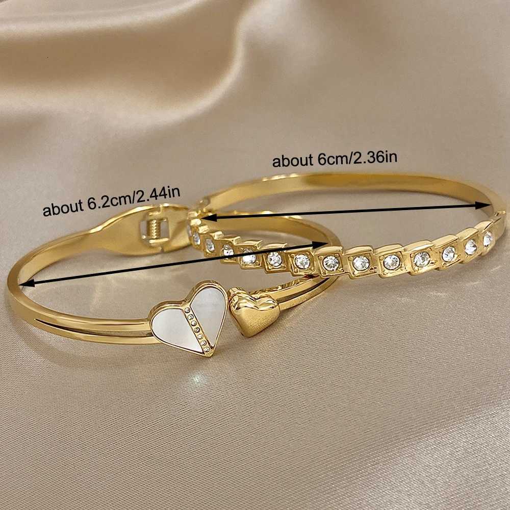 Stainless Steel Shell Square Rhinestone Open Cuff Bangles Set for Women Men Fashion Gold Plated Bangles Bracelets Y250904