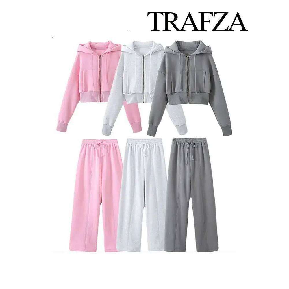 TRAFZA Women Hoodie Pant Sets Fashion Zipper Pocket Long Sleeve Casual Jacket Coat Woman Loose Elastic Waist Drawstring Trousers