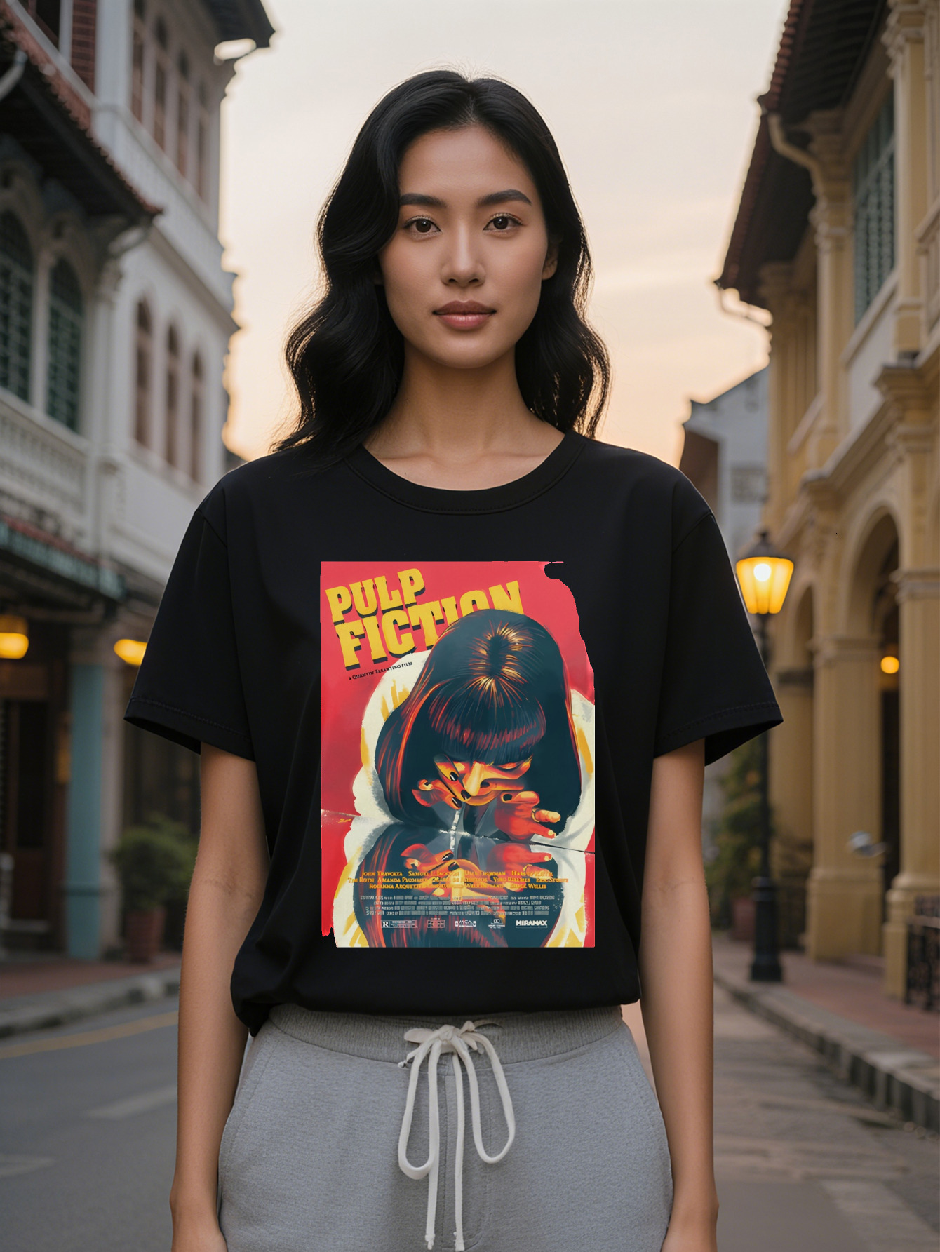 Large XL Black Graphic Lady Casual T-Shirt Pulp Fiction Art Print with Female Character Design, Washable, Regular Fit, Gift, Plus Size