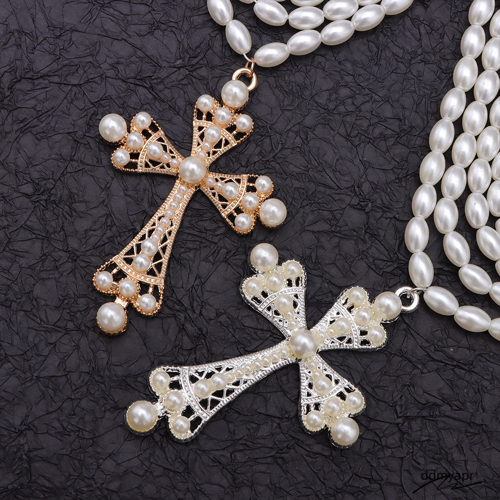 Cyberpunk Style Cross Fashion Exaggerated Ddmyday Micro-Set Imitation Pearl Layered Necklace Jewelry Ddmyday