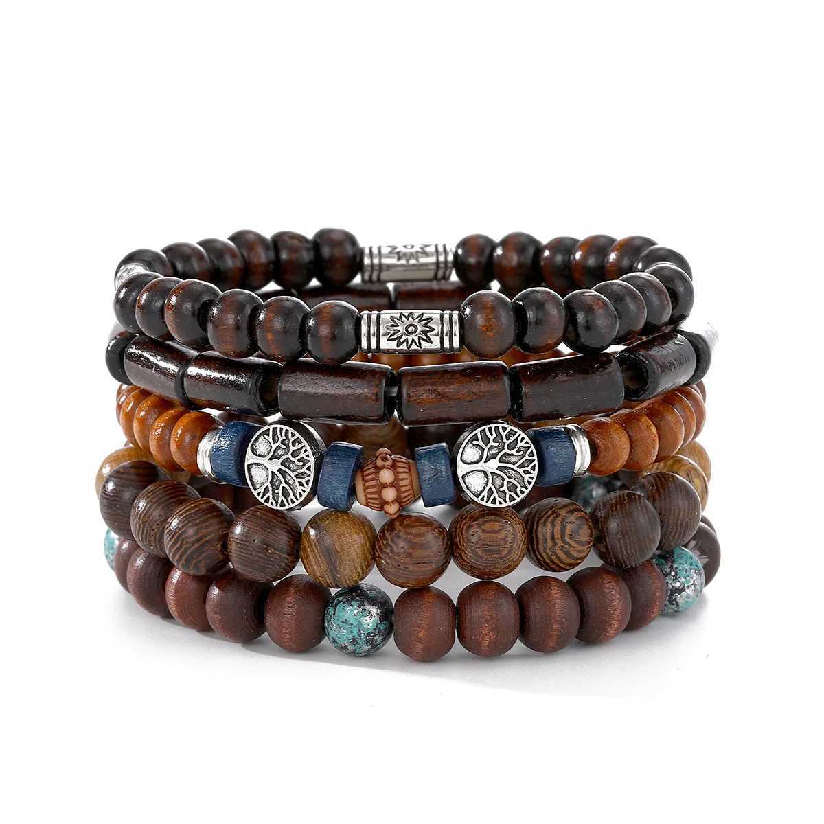 Bohemia Wood Beads Multilayer Bracelets Retro Men Tree of Life Stretch Bracelets Hip Hop Men Party Jewelry Accessories W250904