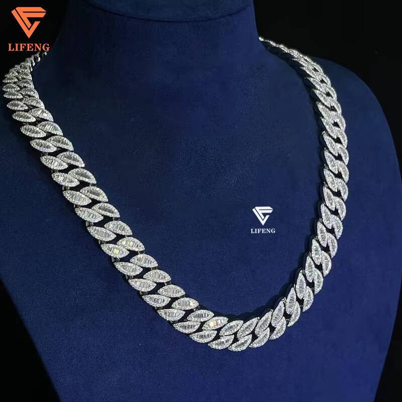 Custom White Gold Plated 16mm Baguette 925 Soild Silver Diamond VVS Moissanite Hiphop Cuban Link Chains Necklace Platinum