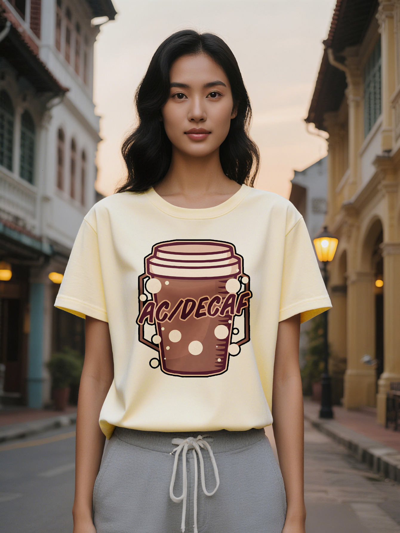 Lady Casual Crew Neck T-Shirt with Coffee Cup Print White Lid Design AcidCaf Text Lightweight Fabric Summer Fashion