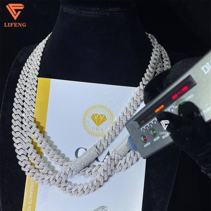 Luxury Design 925 Sterling Silver Cuban Link Chain Colorful Diamond Hip Hop 10MM Two Row Moissanite Necklace