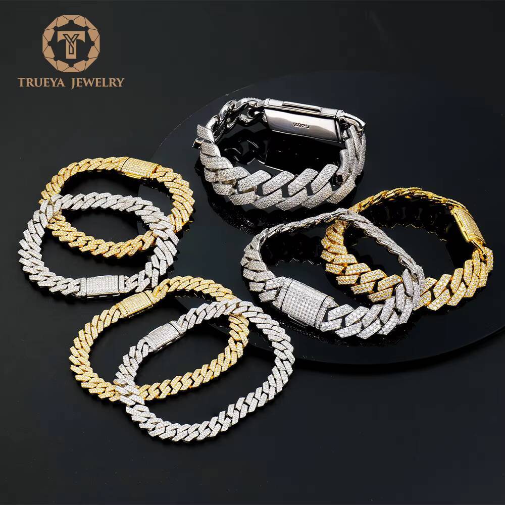 Hip Hop S925 Silver Bracelet VVS1 Moissanite Iced Out Cuban Chain 2Rows Jewelry for Gifts
