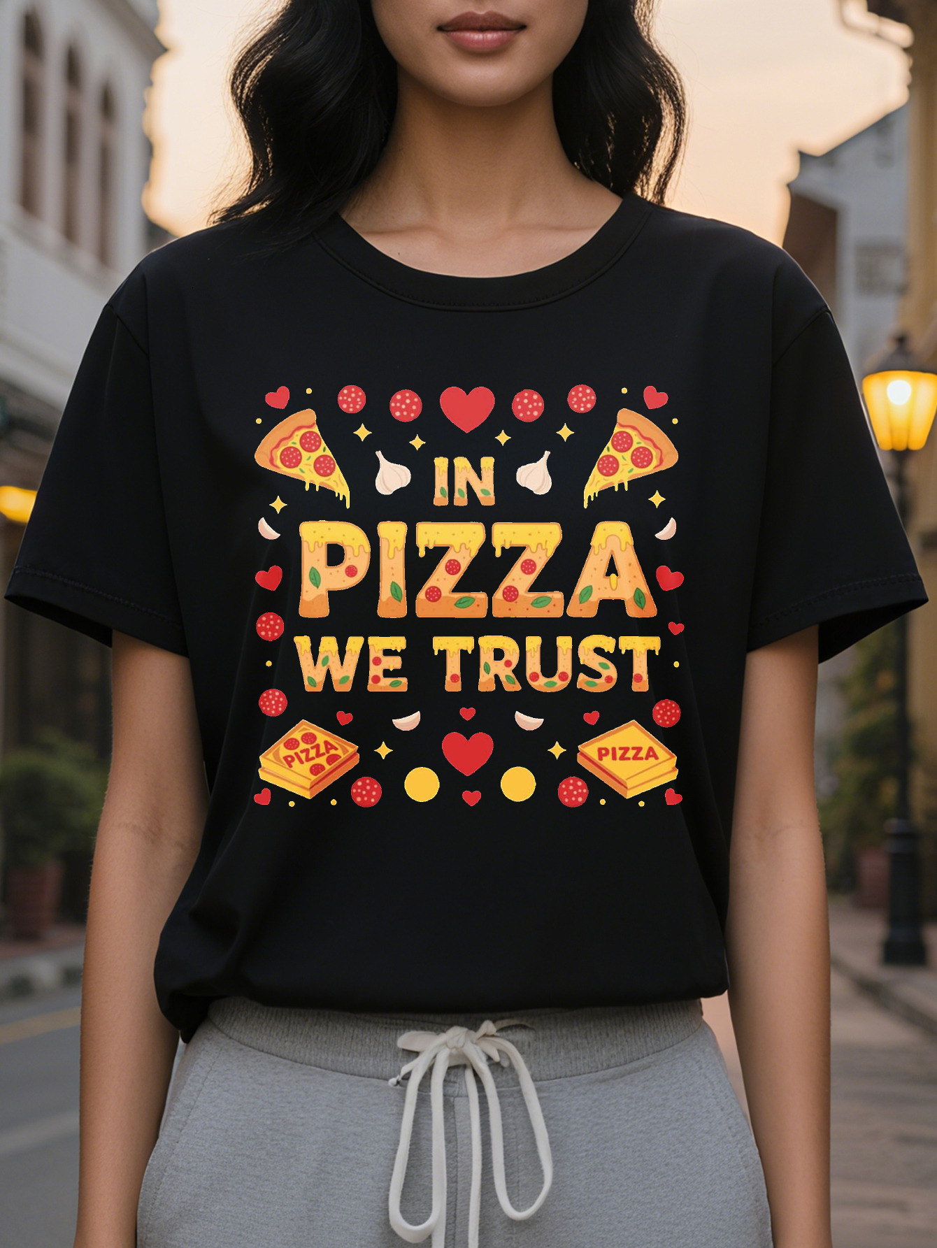 Women's Fun Lover T-Shirt PIZZA WE TRUST Pattern Pepperoni Cheese Design Casual Round Neck Short Sleeve Summer Top