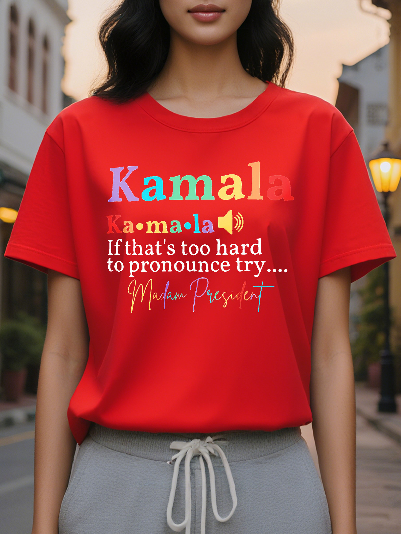 Large XL Women's Short Sleeve Crew Neck T-Shirt Vibrant Multicolor Kamala Letter Print with Playful Sound Effects Breathable Plus Size