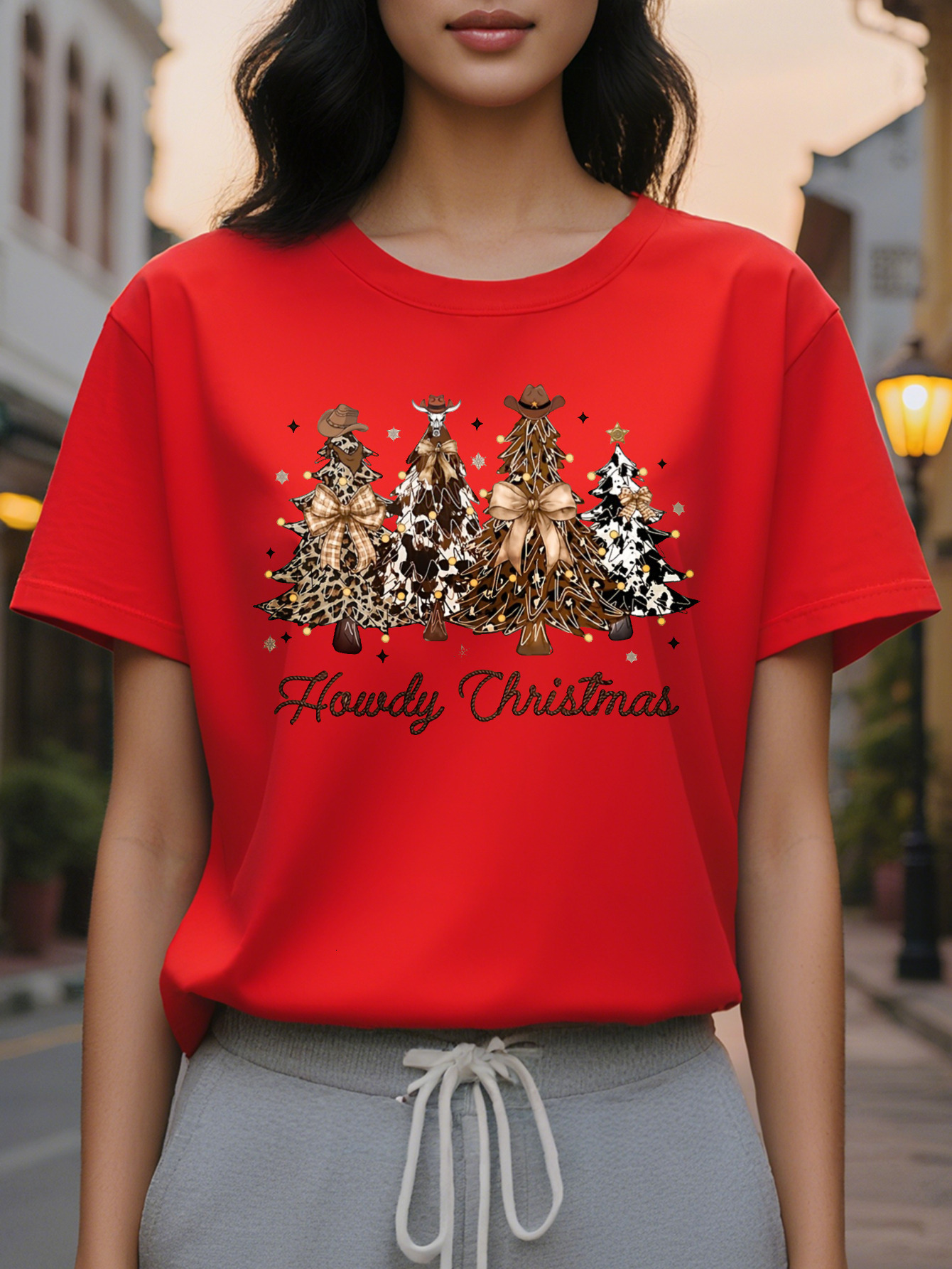 Women S Beige Crewneck Pullover with Western Cowboy Tree Design Holiday Sweatshirt for Xmas Parties and Family Gatherings