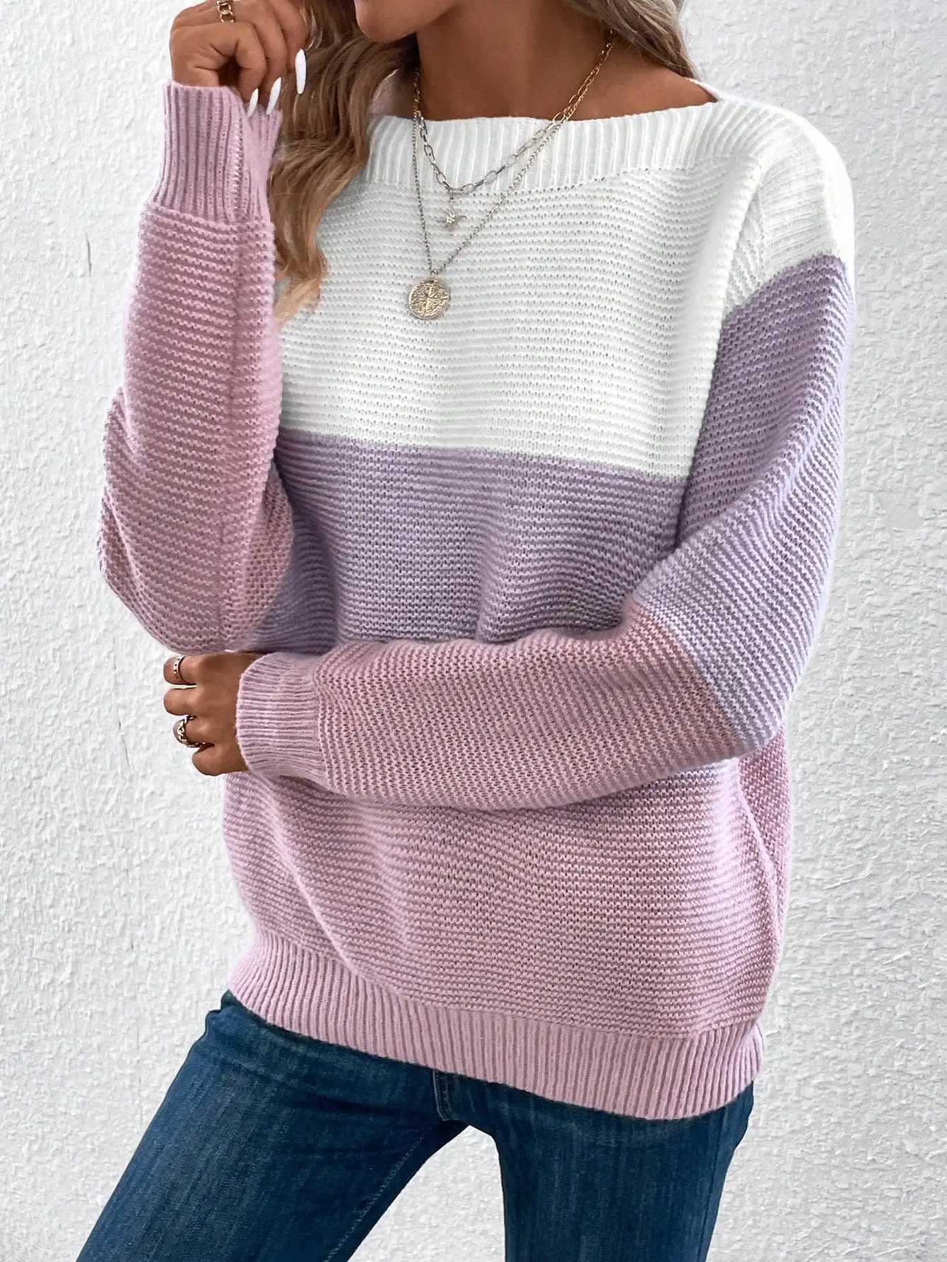 Elegant Threecolor Patchwork Sweater Women Daily Commuter Casual Loose Jumpers Female Autumn Winter Knitted Thickened Warm Tops M250904