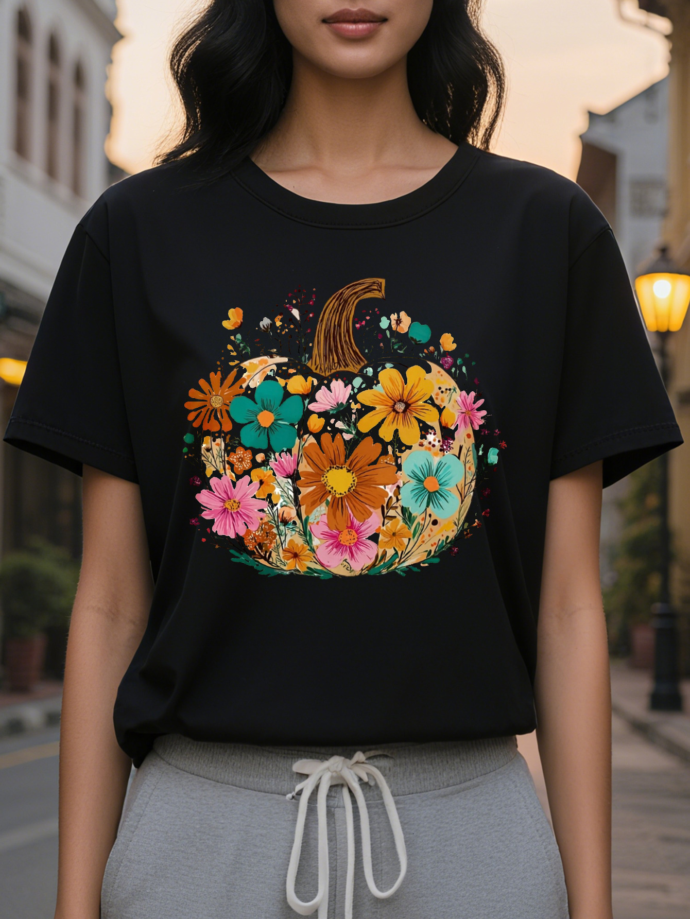 T Shirt Beige Background with Floral Pumpkin Soft Neck Casual Everyday Party Top for Autumn Year Round Wear