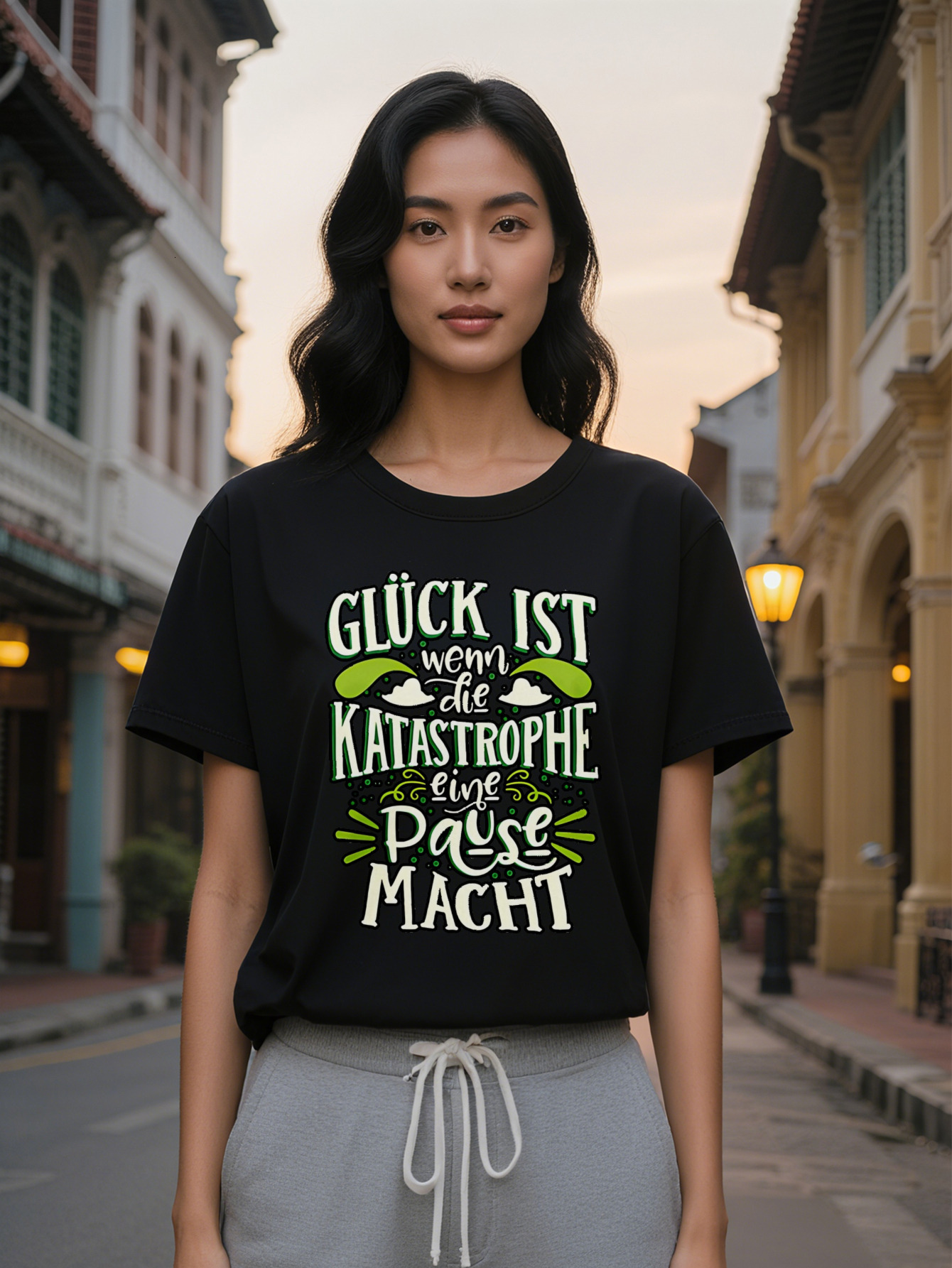 Large XL Short Sleeve T-Shirt with Green Leaf White Bubble Print Black Round Neck Top, Washable Regular Tee for Attire Plus Size