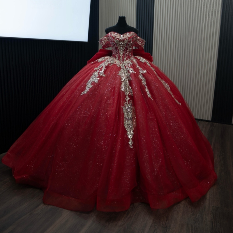 Red Princess Off the Shoulder Sweet 16 Dress Quinceanera Dresses Applique Lace Beads Bow Tull Party Birthday Vestidos 15 De Anos