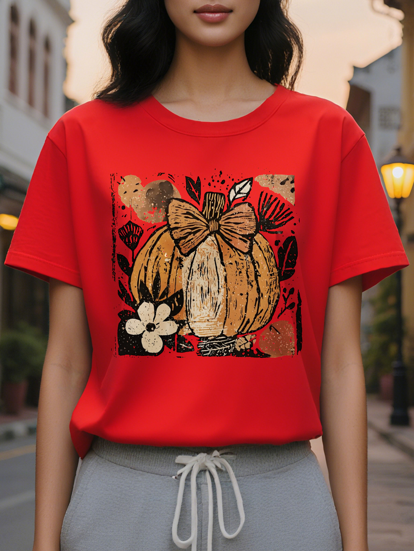 Large XL Women's Creamy White Halloween Print Sweatshirt Pumpkin Leaf Design with Plaid Bow Accent Cozy Round Neck Pullover Plus Size