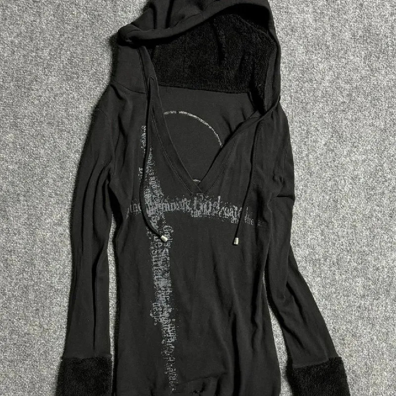 Deeptown Y2k Black Vintage Printed Hoodies Women V Neck Long Sleeve American Fashion Hooded Sweatshirt Streetwear Hip Hop Spring 250904
