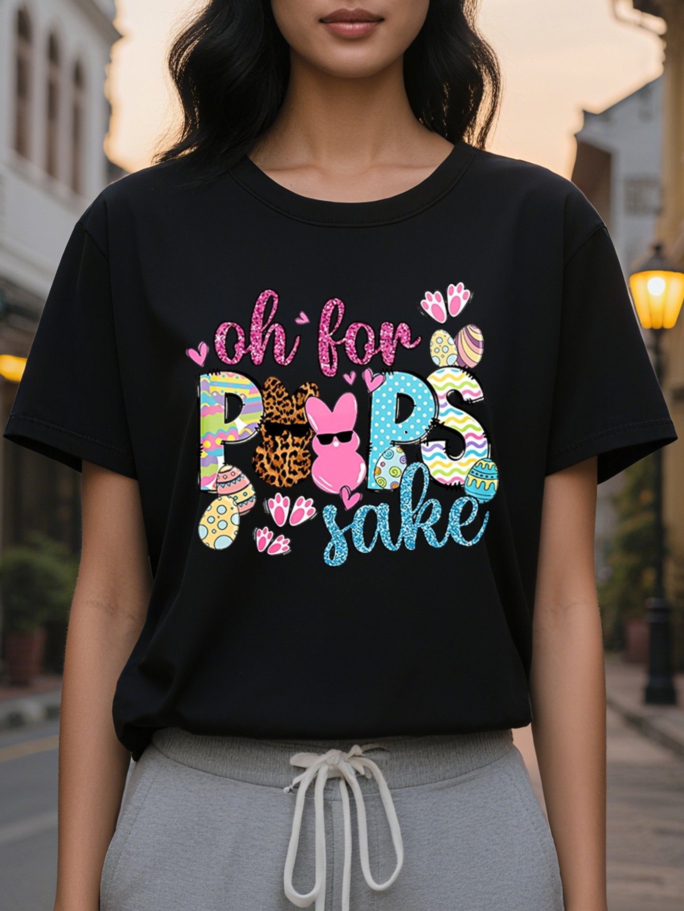 Happy Easter Peeps American Printed Pattern Spring and Summer New Fashion Round Neck T-shirt Slim Fit Slimming Women's