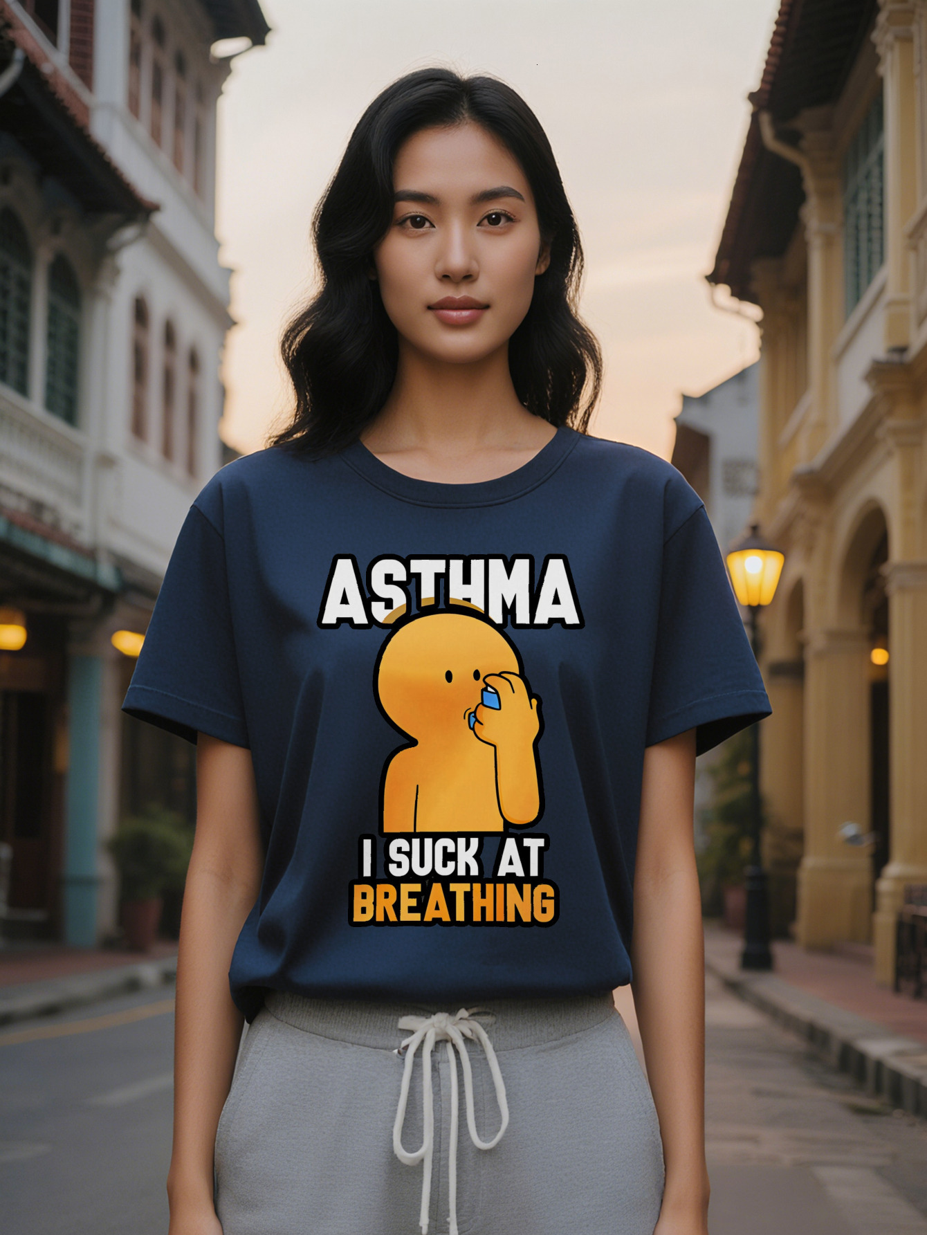 Large XL Lady Humorous Asthma Graphic T Shirt Black Casual Round Neck Tee with Cartoon Character I SUCK AT BREATHING Print Plus Size