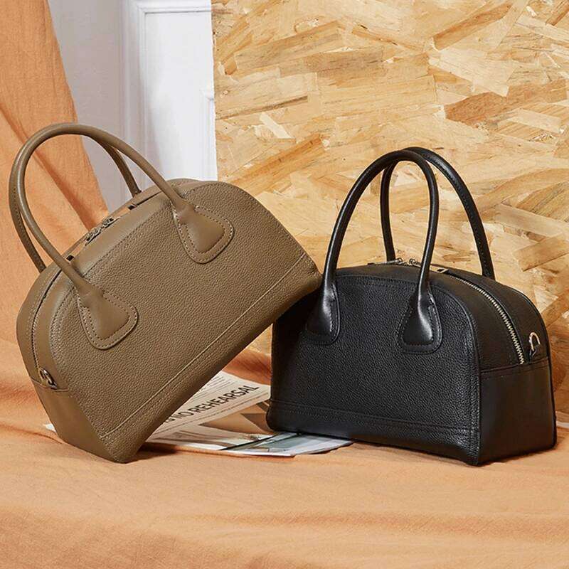 Burminsa Cowhide Genuine Leather Bowling Tote Handbags For Women 2025 Trend Designer Shell Work Ladies Shoulder Crossbody Bags