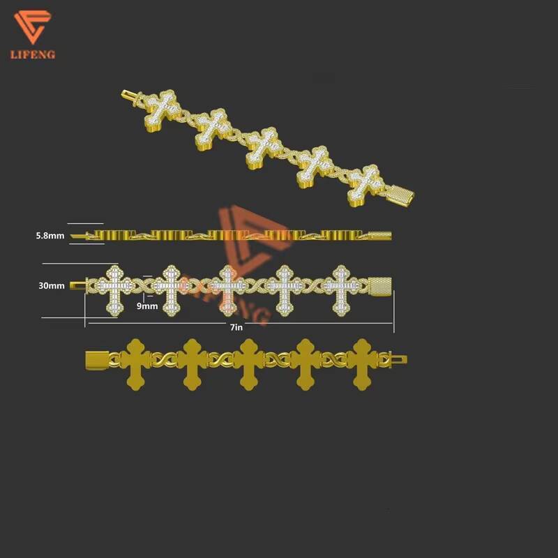 Lifeng Jewelry Iced Out Hip Hop Infinity Cuban Link Bracelet 925 Silver VVS Moissanite Cross Cuban Bracelet Baguette Cross Chain