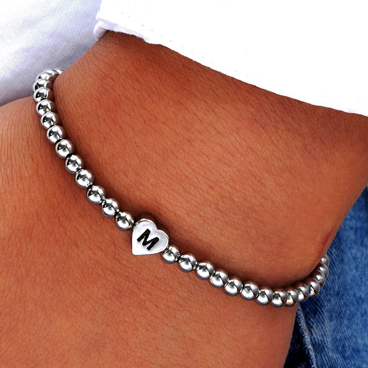 Fashion Letter Heart Pendant Beads Bracelet for Men Women Simple Vintage Silver Color Copper Metal Bracelet Luxury Jewelry Gifts W250904