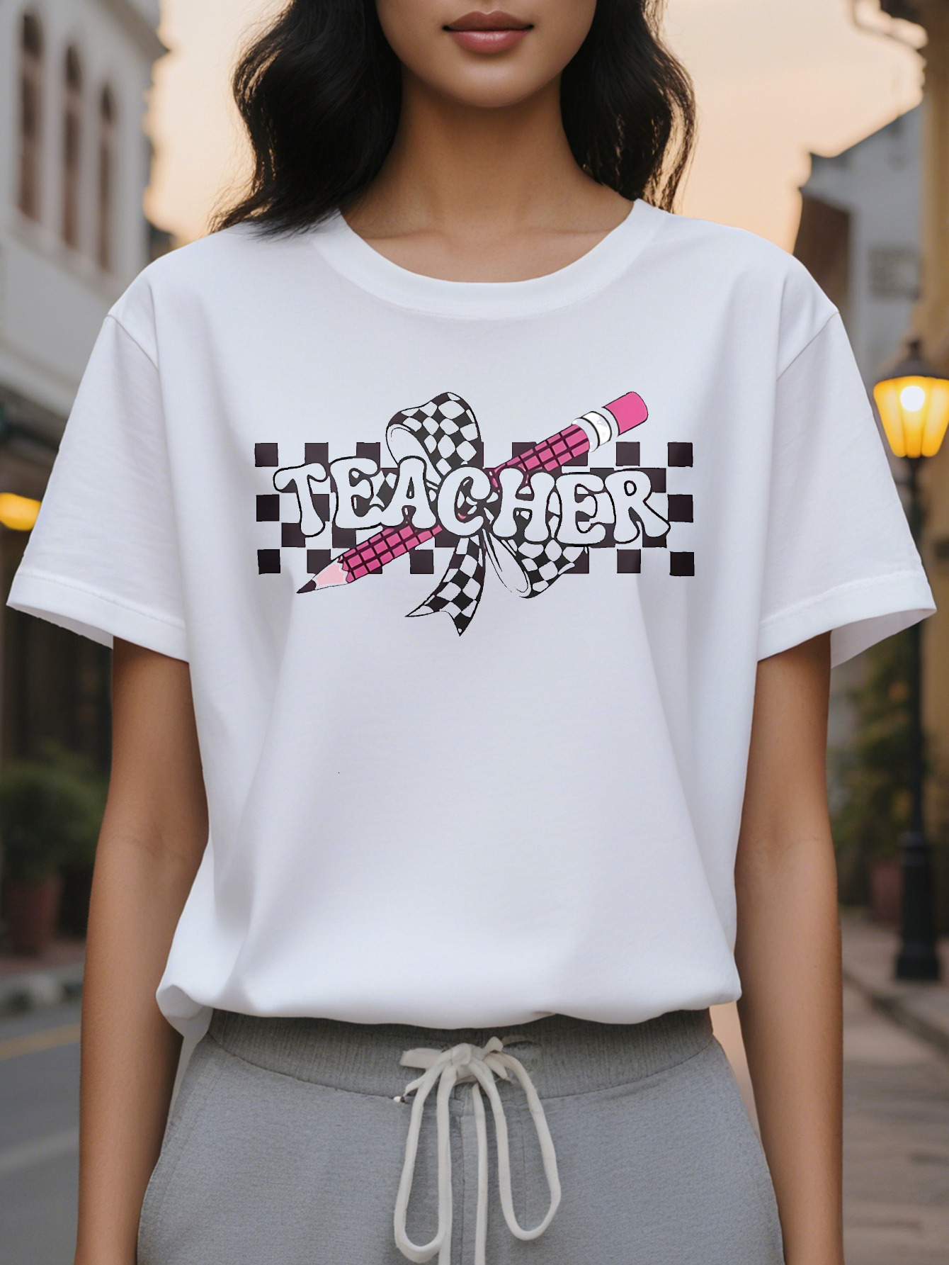 Women's Elegant Teacher Graphic Short Sleeve T-Shirt Soft Stretch Round Neck Casual Top Check Pencil Design Breathable