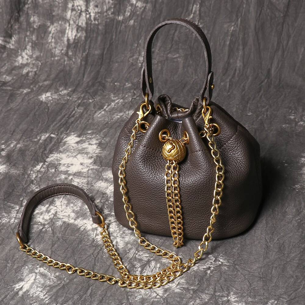 LUOKIR New Metal Drawstring Versatile Women's Handbag Genuine Leather Chain Crossbody Vintage Bucket Mobile Phone Bag