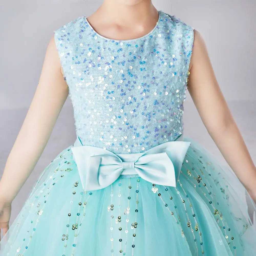 Girls Sleeveless Long Sequin Bow Mesh Princess Dress Piano Competition School Graduation Ceremony Fashionable Evening Gown Z250904