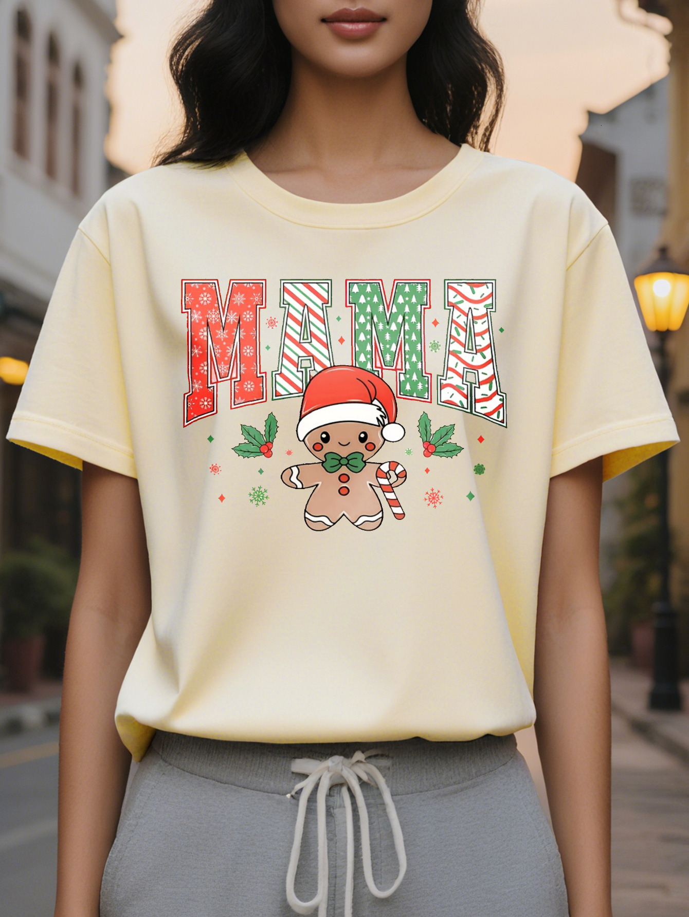 Large XL Women's Christmas Graphic Sweatshirt with Gingerbread Man Mama Lettering Beige Casual Round Neck Pullover Plus Size