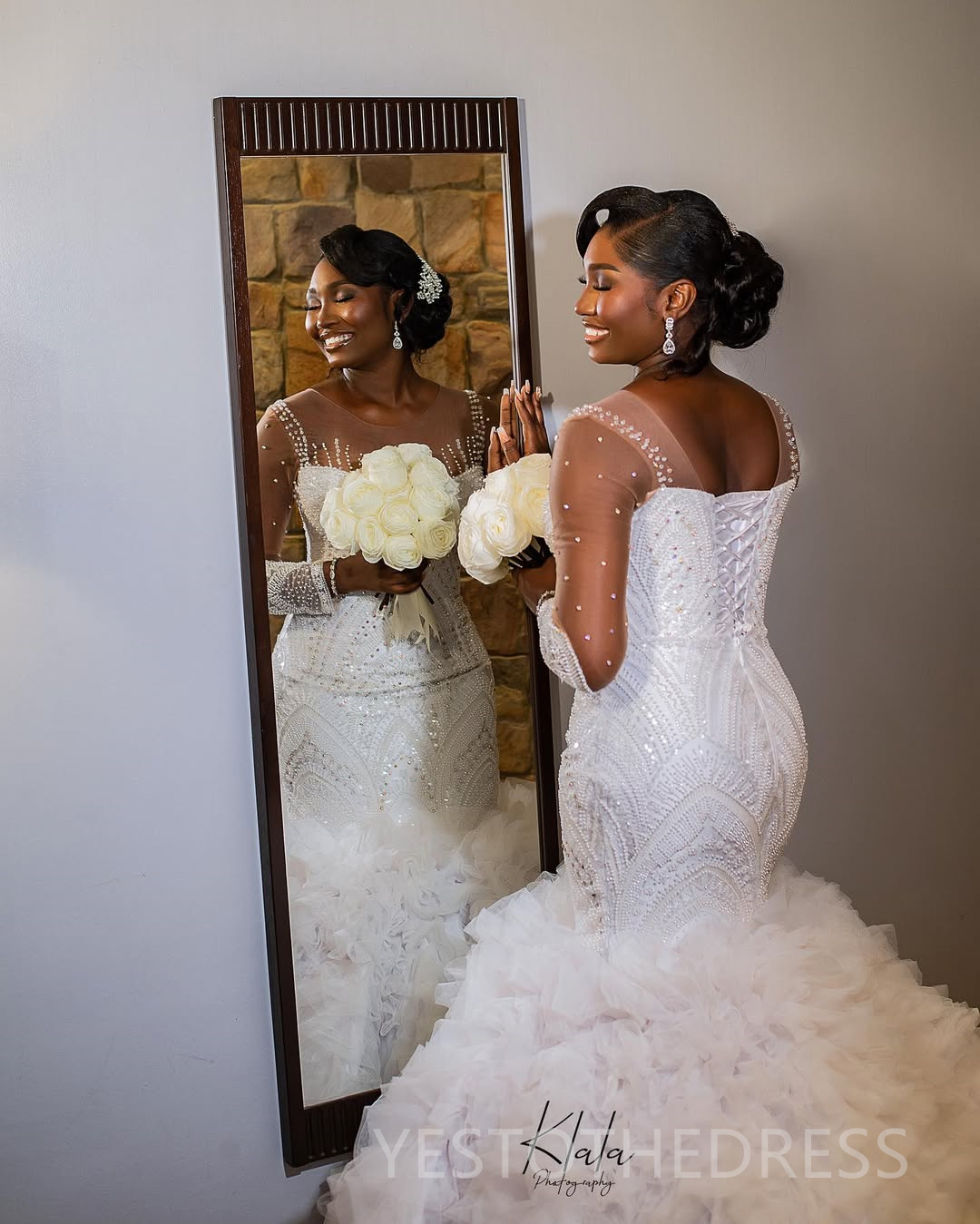 2025 Plus Size Wedding Dress Bridal Gowns For Bride Mermaid Wedding Gowns Sheer Neck Illusion Long Sleeves Pearls Beaded Lace Bridal Dress For African