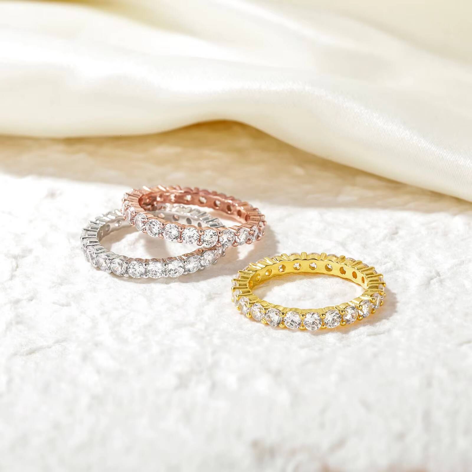 Wholesale 3mm 925 Sterling Silver Wedding Band Round Moissanite Full Eternity Stackable Engagement Ring for Women