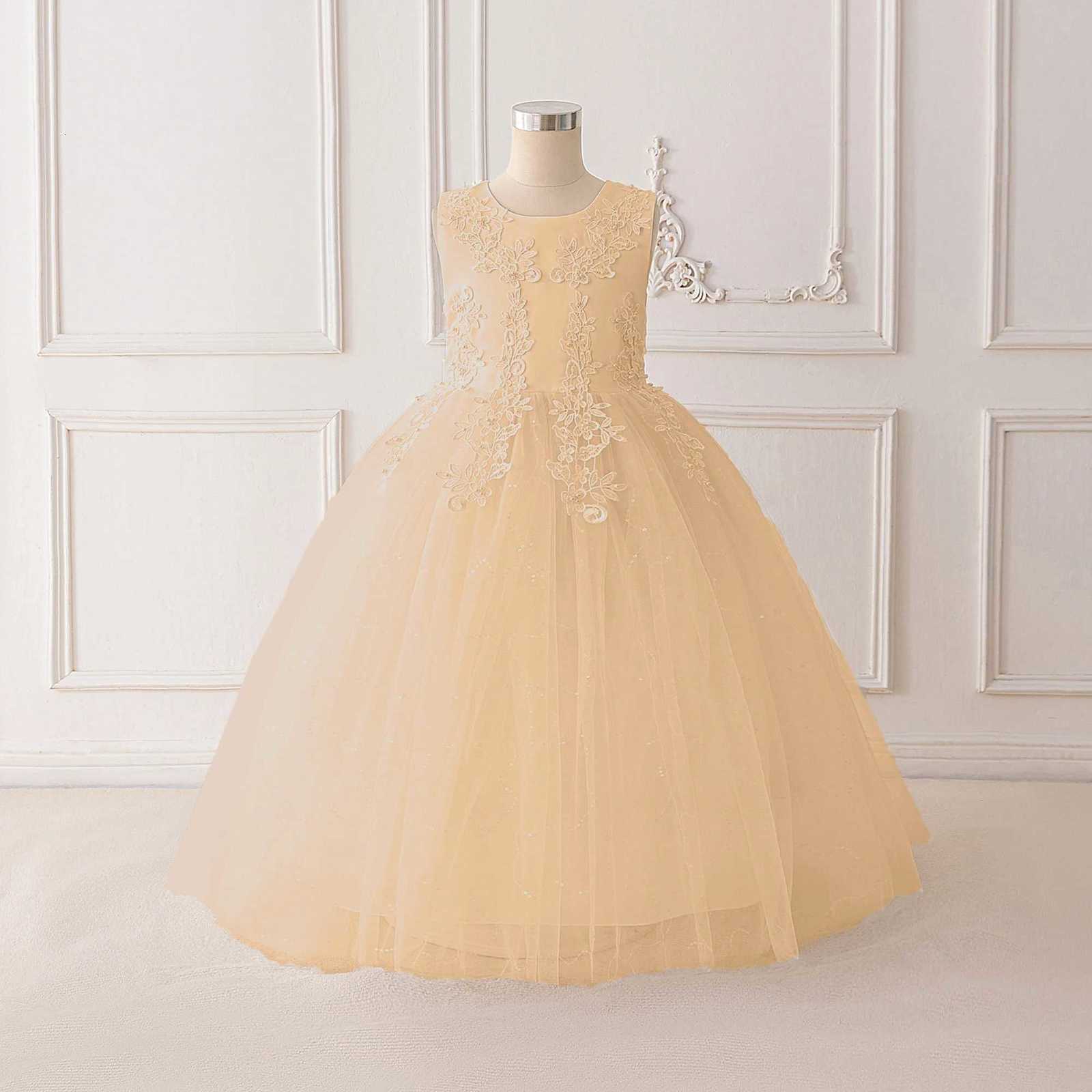 Fashion Flower Bridesmaid Girls Dress Elegant Bow Wedding Evening Princess Birthday Party Dress Graduation Baptism Kids Clothing Z250904