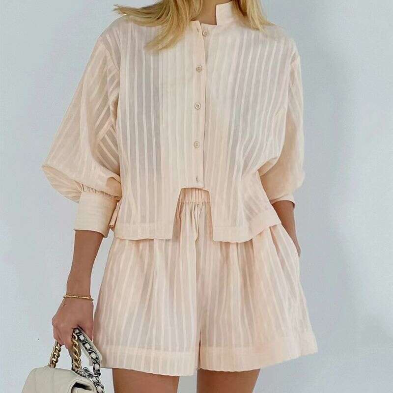 Women's Clothing Cotton Jacquard Striped Casual Stand Up Collar Puff Sleeve Button Shirt Shorts Suit